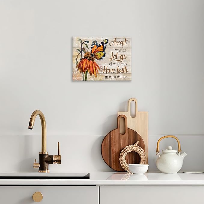 Farmhouse Butterfly Bathroom Pictures Wall Art, Rustic Floral Country Bathroom Wall Decor, Daisy Inspirational Framed Painting Canvas Artwork for Bedroom Living Room Decorations 16"L x 12"W-PurrikoPets