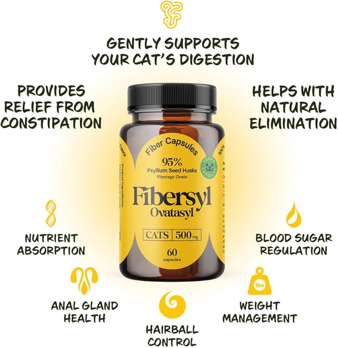 FiberSyl Ovatasyl Prebiotics for Cats Digestive Health - Cat Fiber Supplements for Constipation Relief & Support - Psyllium Husk Seed to Support Digestion Problems - Cat Stool Hardener - 60 Capsules-PurrikoPets