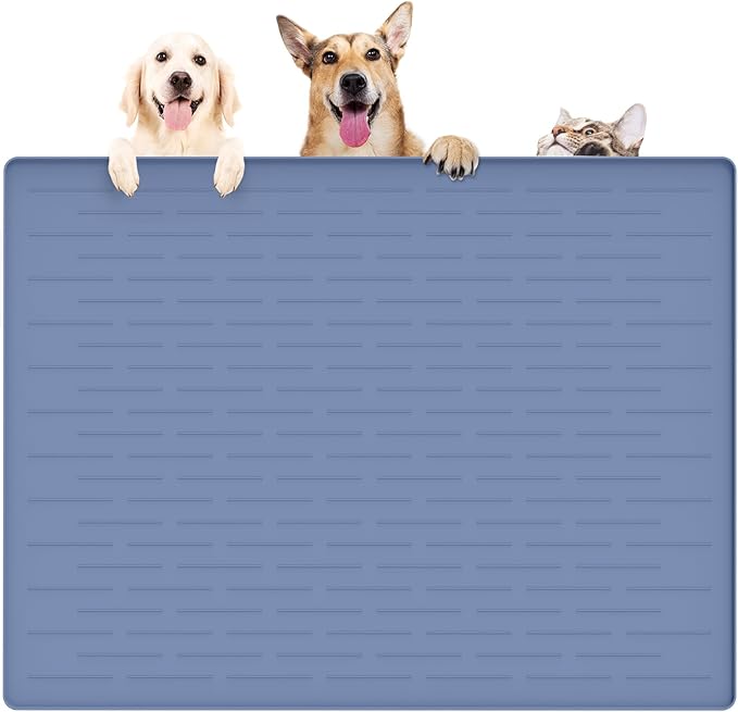 39.4"x29.5" Large Pet Food Mat, Silicone Dog Mats for Food and Water, Nonslip Pet Feeding Mats for Floors,Dog Cat Bowl Mat with Raised Edges, Lake Blue-PurrikoPets