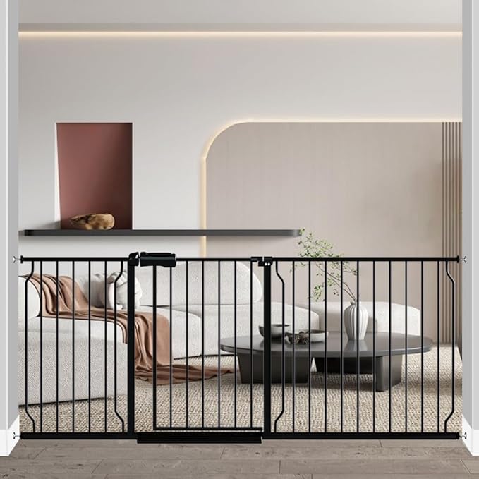 Fairy Baby Extra Wide Baby Gate 71.6-76.3 Inch Wide, Walk Through Pressure Mounted No Drill, Long and Large Tension Gate for Pet and Kids, Black-PurrikoPets