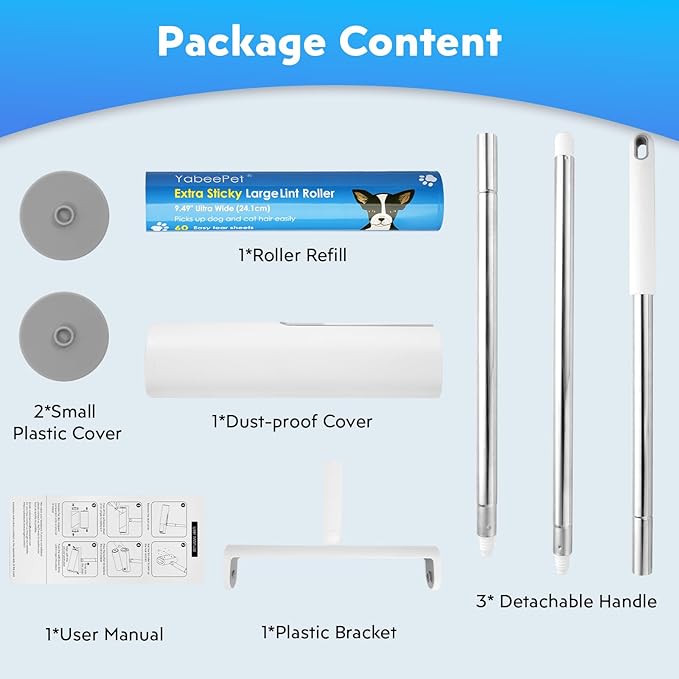 9.49'' Large Lint Rollers for Carpet and Floor, Extra Sticky Giant Rollers with 50'' Long Handle for Carpets, Couch, Floor, Clothing, and Pet Hair Cleaning(1 Pack Floor Roller)-PurrikoPets