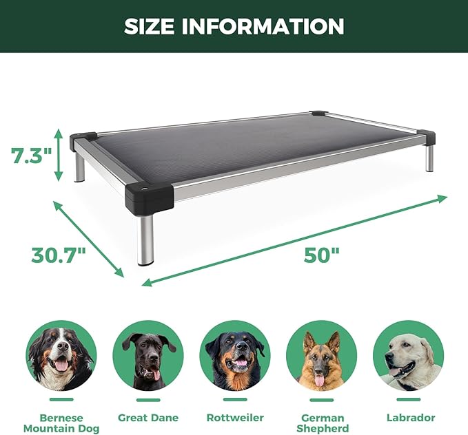 FXW TitanNest Chew-Proof Elevated Dog Bed, Raised Cot for Indoor/Outdoor/Camping Use, Durable & Washable Padded Pet Bed for Large Dogs, 50.0" L x 31.0" W x 7.3" H, Gray-PurrikoPets