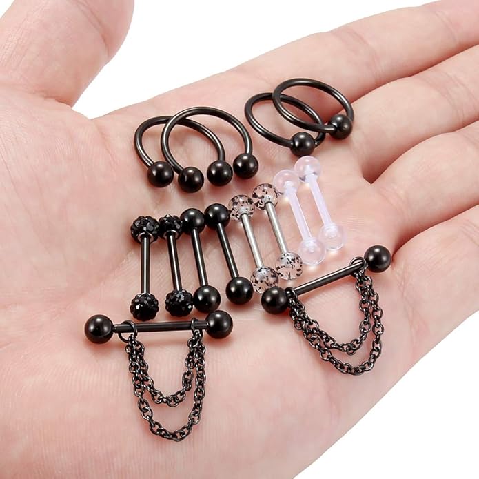 Hoeudjo 14Pcs 14G Surgical Steel Chain Dangle Nipple Rings Barbell Piercing Jewelry Retainer for Women