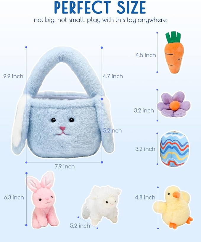 7 Piece Plush Stuffed Animals Playset Toys with Rabbit, Chick, Lamb, Carrot, Egg, Flower, Furry Bag, Soft Basket Set Toys for Girls Kids Ages 3+, Birthday Christmas Valentines Easter Party Favors-PurrikoPets