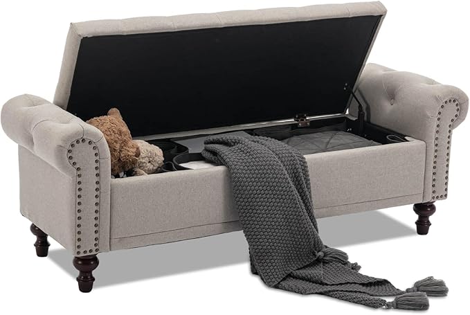 58.1'' Storage Bench Upholstered Linen End of Bedroom Bed Bench Ottoman with Tufted Cushioned Rolled Arm Large Storage Space for Reading Living Room Entryway, Light Brown-PurrikoPets