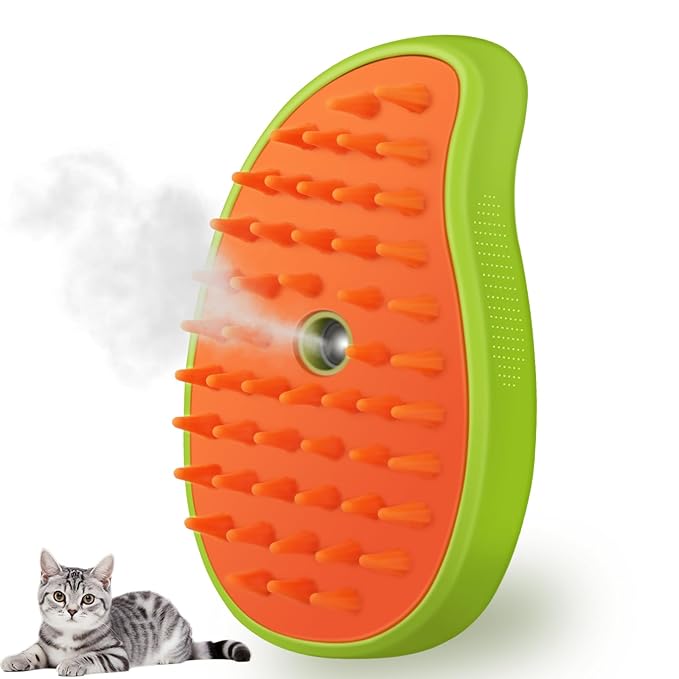 3 in 1 Cat Steamer & Brush - Silicone Massage Grooming Tool, Pet Hair Cleaning Comb for Cats & Dogs (Mango Green)-PurrikoPets
