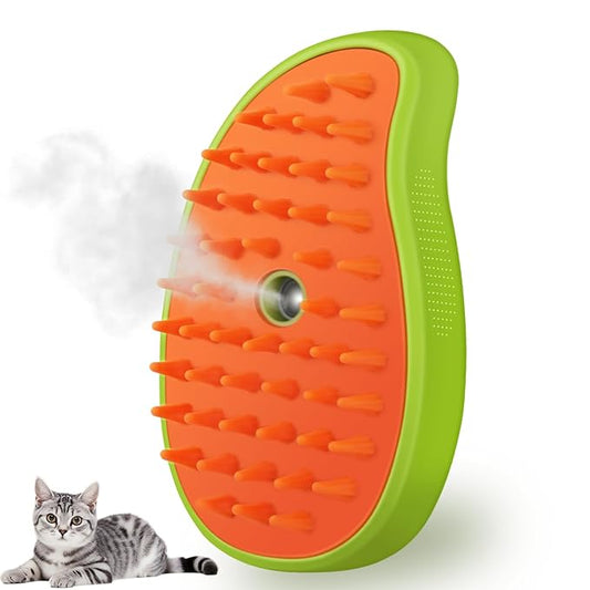3 in 1 Cat Steamer & Brush - Silicone Massage Grooming Tool, Pet Hair Cleaning Comb for Cats & Dogs (Mango Green)-PurrikoPets