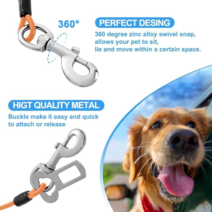 Dog Seat Belt Harness for Car,Dog Seatbelt of Coated Wire Leash Safety Restraint,No Chew Tether Cable Vehicle,Double Clips & Latch(Orange, 24 inch/60 CM)-PurrikoPets