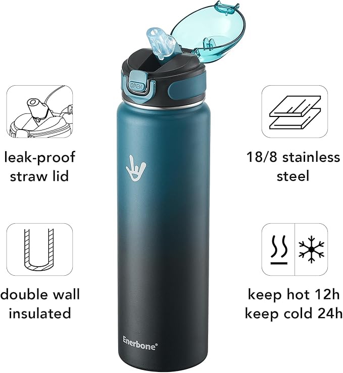 Enerbone 32 oz Insulated Water Bottle, Stainless Steel Bottle with Carrying Strap, Double-Wall Vacuum Insulation Design, Leakproof Sports Bottle with Straw, Keep Drinks Cold or Hot for Hours-PurrikoPets