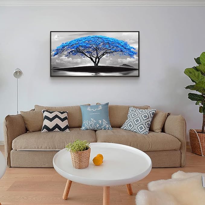 Framed Canvas Wall Art For Office Large Size Living Room Wall Decor Bedroom Decor Wall Pictures Artwork Black And White Landscape Blue Tree Moon Wall Painting Home Decorations Black Frame 24" X 48"-PurrikoPets