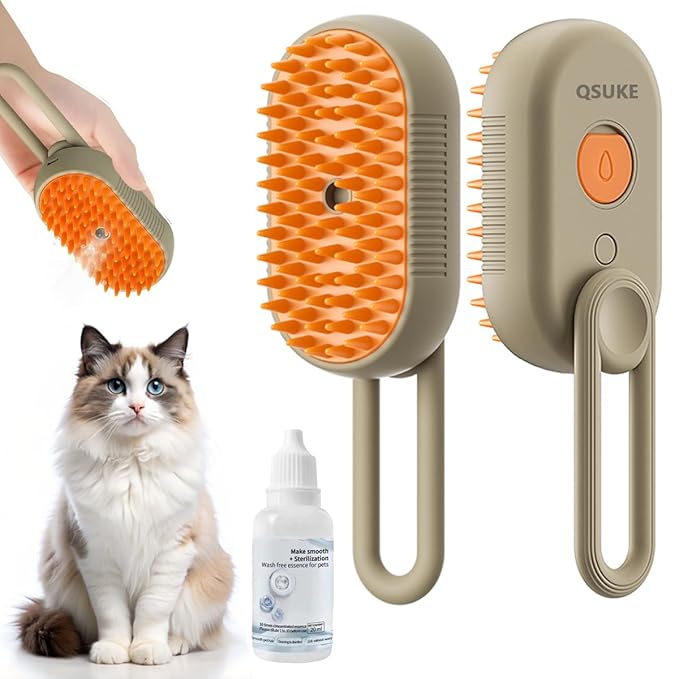 3 in 1 Cat Steam Brush, Pet Steam Cats Brushes Rechargeable Anti-Static Grooming Brushe, Vibration Massage Cleaning Shedding & Combing Multifunctional Hair Removal Comb for Cats Dog (Khaki)-PurrikoPets