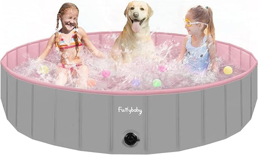 Furrybaby Dog Pool, Foldable Dog Pools for Large Dogs Portable Kiddie Pool Pet Doggie Wading Swimming (Pink 63'') Indoor and Outdoor-PurrikoPets