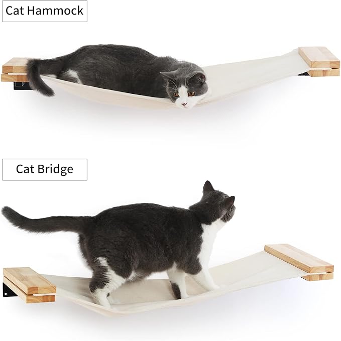 FUKUMARU Cat Wall Furniture, 34 x 13 inch Cats Hammock Shelves, Rubberwood Kitten Window Perch, Easy DIY Installation-PurrikoPets