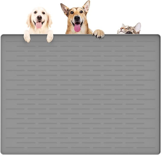 39.4"x29.5" Large Pet Food Mat, Silicone Dog Mats for Food and Water, Nonslip Pet Feeding Mats for Floors,Dog Cat Bowl Mat with Raised Edges, Light Gray-PurrikoPets