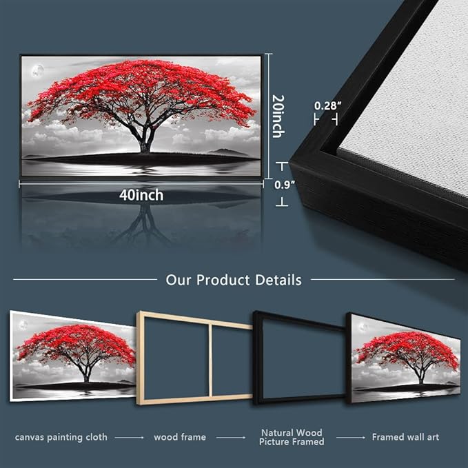 Framed Canvas Wall Art For Living Room Bathroom Wall Decor Black And White Landscape Red Tree Moon Scenery Hang Painting Home Decorations For Office Bedroom Kitchen Works Canvas Prints Pictures-PurrikoPets