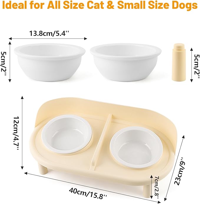 Elevated Cat Bowls, Tilted Rised Cat Food and Water Bowl with 2 Pcs Ceramic Pet Bowls, Rised Stand, Pet Dish Anti Vomiting Feeding Station for All Sized Cats & Small Dogs (Milk Coffee)-PurrikoPets
