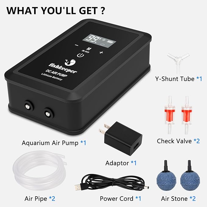 fishkeeper Rechargeable Aquarium Air Pump, 8W 130GPH Ultra Quiet Fish Tank Air Pump for 10-120 Gallon Tanks Adjustable Oxygen Aerator Pump for Outdoor-Fishing, Power Outages and Emergency-PurrikoPets