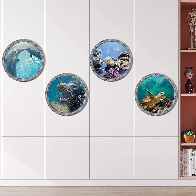 4 PCS Removable 3D Under The Sea Nature Scenery Wall Decals - Animals Wall Sticker Home Wall Art Decor for Bathroom Bedroom Door Kids Baby Nursery Room - Includes Turtles, Dolphins, Sea Lions, Coral-PurrikoPets
