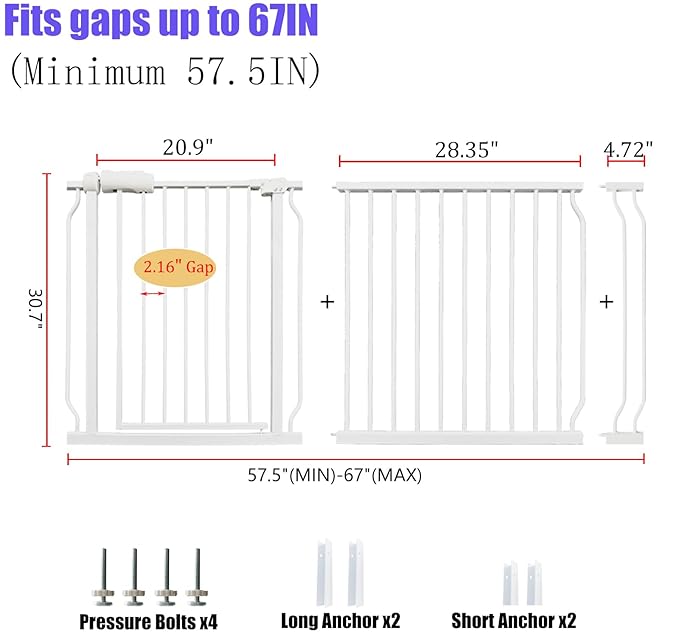 Extra Wide Baby & Dog Gate 62-67 Inch, Pressure Mounted No Drilling, Adjustable Indoor Safety Gate for Stairs & Wide Doorways - Metal Design for Kids and Pets, White-PurrikoPets