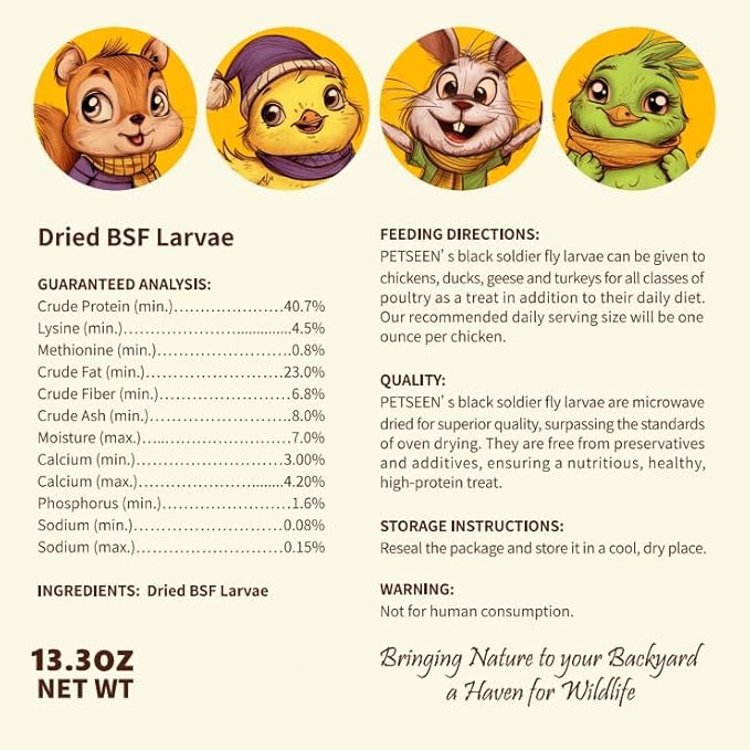 Dried Black Soldier Fly Larvae, 100% Natural, Non-GMO, High-Protein Treats for Chickens, Layer Hens, Wild Birds, Ducks, 13.3 oz, Pack of 4-PurrikoPets