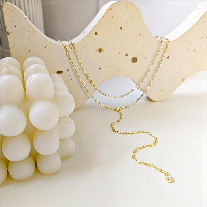 Lariat Silver/Gold Necklace for Women 925 Silver/14K Gold Plated Dainty Long Necklace Y-Shaped Drop Pendant Necklaces Choker Trendy Chain Simple Layered Necklaces CZ Jewelry for Women Set Gift