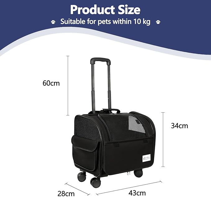 Dog Travel Bag with Removable Rolling Wheels, Airline Approved Pet Carrier, Foldable Cat Bag with Breathable Mesh, Pet Stroller(Black)-PurrikoPets