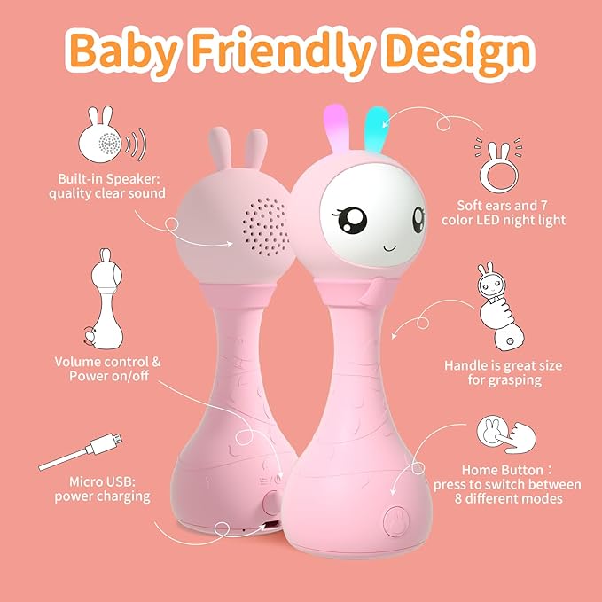 alilo Yoyo Talking Bunny Baby Musical Light-Up Rattle Toys 0-6-12-18 Months, Voice Mimicking Toy, Preloaded 90+ Audio Content, ABC/Number/Notes Learning Toys for Baby Infant Newborn Boy Girl Gifts-PurrikoPets
