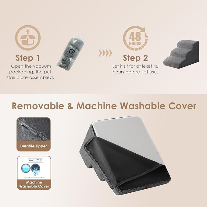 EHEYCIGA Curved Dog Stairs Ramp for Small Dogs 15.7" H, 3-Step Dog Steps for Couch Sofa and Chair, Pet Stairs for Cats, Non-Slip Balanced Pet Steps Indoor, Grey-PurrikoPets