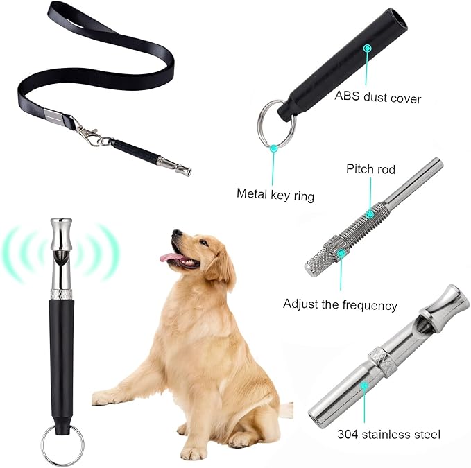 3 PCS Dog Whistles Set, Adjustable Recall Dog Training Whistle Silent Dog Whistle to Stop Barking with Lanyard,Dog Clicker(Black)-PurrikoPets