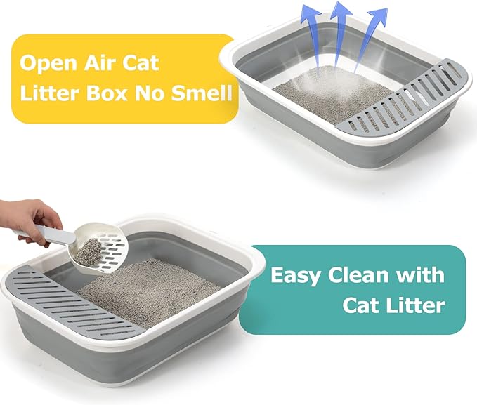Foldable Cat Litter Box, Large Height-Adjustable Anti-Splash Open Air Kitty Litter Pan, Easy Clean with Scoop (Gray)-PurrikoPets