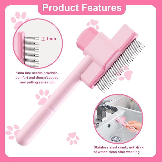 2PCS Flea Comb for Cats and Dogs with Pet Hair Remover Glove, Self Cleaning Pet Flea Cat Grooming Brush with Release Button for Massaging and Cleaning Shedding Pets Hairs-PurrikoPets