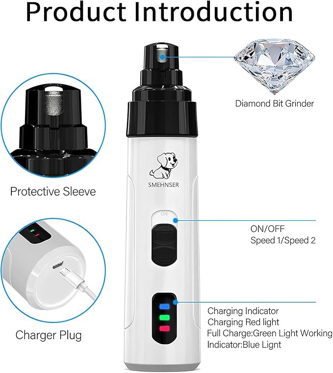 Electric Dog Nail Grinder - USB Rechargeable Electric Nail Trimmer with 3 Diamond Grinding Heads for Small to Large Dogs & Cats-PurrikoPets