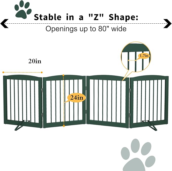 Freestanding Pet Gate for Dogs, Foldable Wooden Dog Gate for House, Indoor Dog Gate for Stairs, Doorways, Step Over Pet Puppy Safety Fence, 80 Inch Wide, 4 Panels 24", Green-PurrikoPets