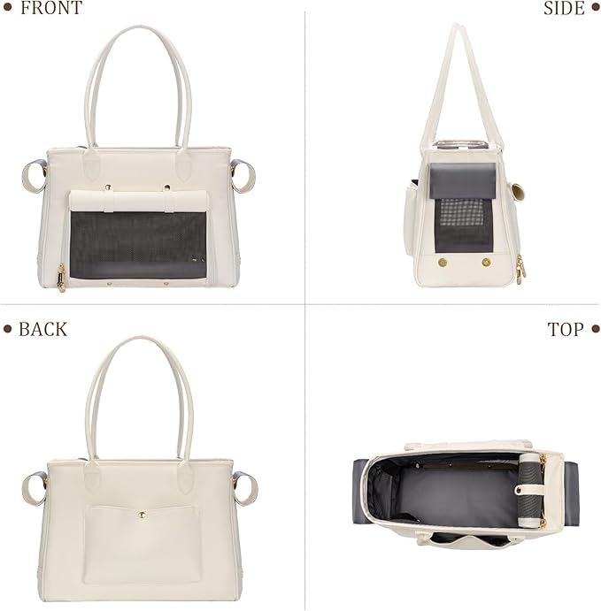 Fashion Pet Carrier Purse for Small Cat and Dog, Luxury Pu Soft-Sided Tote Bag with Large Pockets for Dogs and Puppies (White, 15.8" L x 7.5" W x 11.8" H)-PurrikoPets