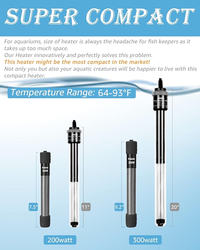 300W Adjustable Aquarium Heater Super Short Submersible Fish Tank Heater Fish Heater with LED Digital Display Thermostat, for Tanks 40-60 Gallons-PurrikoPets