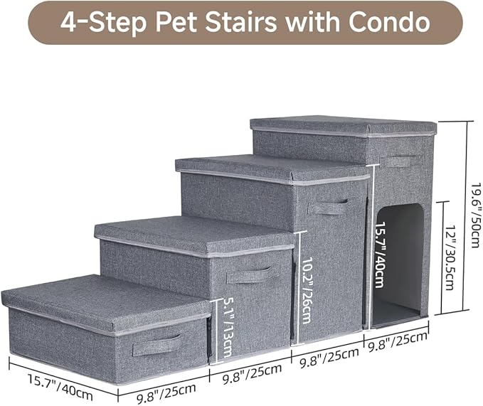 Dog Stairs with Storage, Folding Pet Steps with Zip for Small Dogs and Cats, 4-Step Pet Stairs with Pet House for High Bed, Couch and Car Ramp (Gray, 4 Steps with Condo)-PurrikoPets