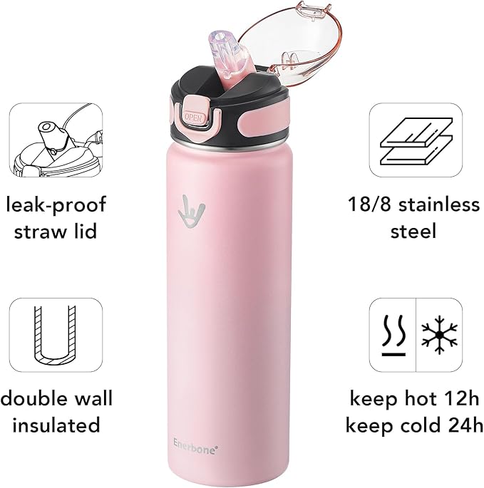 Enerbone 24 oz Insulated Water Bottle, Stainless Steel Bottle with Carrying Strap, Double-Wall Vacuum Insulation Design, Leakproof Sports Bottle with Straw, Keep Drinks Cold or Hot for Hours-PurrikoPets
