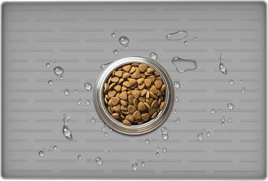 24" x 16" Dog Food Mat, Silicone Pet Mats for Food and Water, Nonslip Pet Feeding Mats for Floors, Dog Cat Bowl Mat with Raised Edges, Light Gray-PurrikoPets
