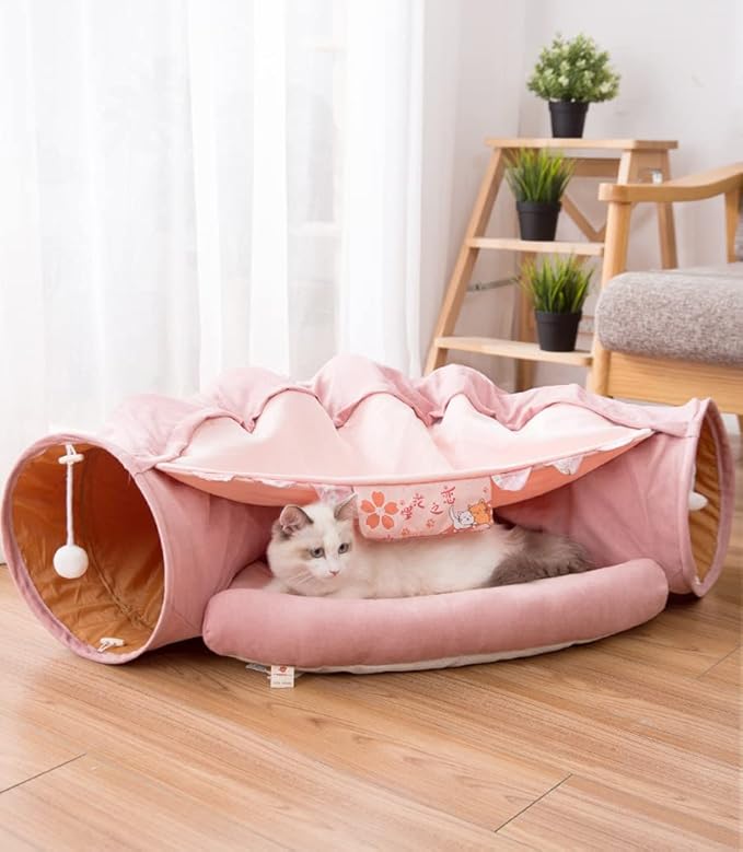 2 in 1 Cat Tunnel Bed Tube with Cushion and Plush Ball Toy Playground Crinkle Collapsible for Large Cats Kittens Kitty Puppy Small Dog Foldable Soft Pet Play Bed Indoor Outdoor- Pink Cat Tunnel Bed-PurrikoPets