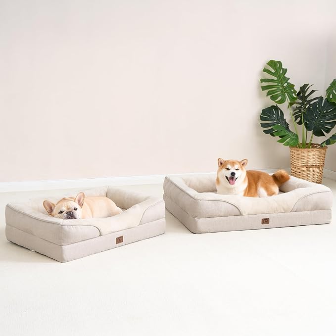 EHEYCIGA Memory Foam Dog Bed for Large Sized, Orthopedic Dog Sofa with Sides and Waterproof Liner, Washable Bolster Pet Bed Couch with Removable Cover, 36x27x7 Inch, Beige-PurrikoPets