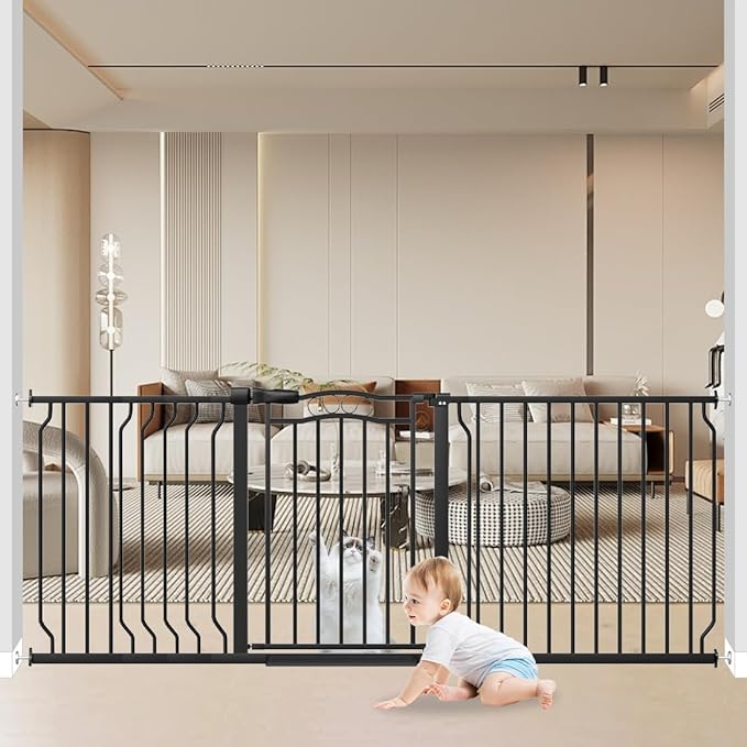 Extra Wide Baby Gate 67.3-81.1 Inch, Pressure Mounted Dog Gate Indoor, Walk Thru Pet Gate for Cat Dog Child,Pet Gates for The House Stairs Doorway Black-PurrikoPets