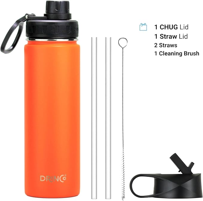 DRINCO Stainless Steel Water Bottle Spout Lid Vacuum Insulated Double Wall Water Bottle Wide Mouth (40oz 32oz 22oz 18oz 14oz) Leak Proof Keep Cold Sport Camping Hiking (22 oz, 22oz Orange)-PurrikoPets