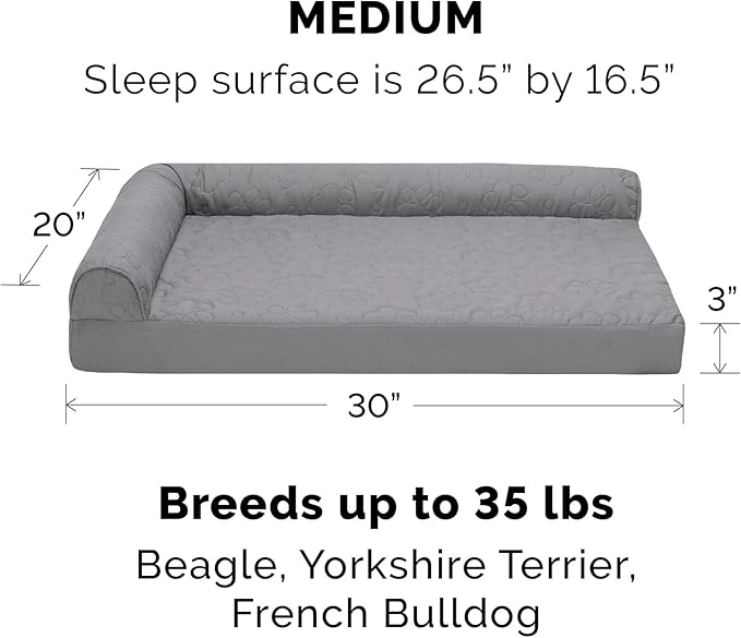 Furhaven Cooling Gel Dog Bed for Medium/Small Dogs w/ Removable Bolsters & Washable Cover, For Dogs Up to 35 lbs - Pinsonic Quilted Paw L Shaped Chaise - Titanium, Medium-PurrikoPets