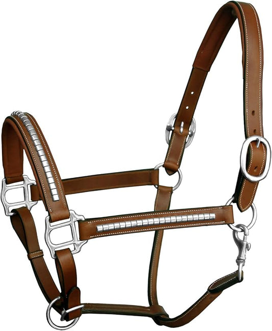 Exion Leather Horse Halter with Padding & Clincher Studs – Adjustable Quick‑Release Crownpiece Halter for Horses – Vegetable‑Tanned Leather in Black & Brown – Cob, Full & Oversize-PurrikoPets