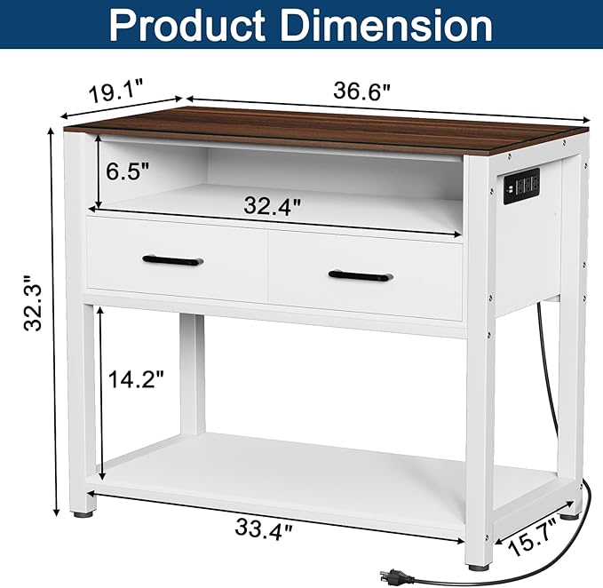 40-50 Gallon Fish Tank Stand with Power Outlet & 2 Storage Drawers, Heavy Duty Metal Frame Aquarium Stand with Waterproof Mat, 36.6" L*19.1" W Tabletop, 800LBS Capacity, White+Brown-PurrikoPets