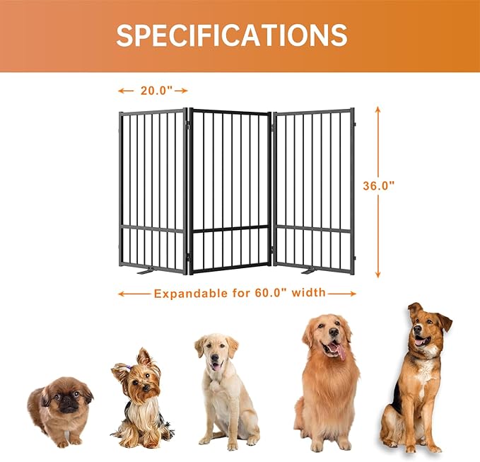Full Metal Freestanding Dog Gate with Door, 36''Height Foldable Pet Dog Fence for Indoor & Outdoor, 3 Panels Extra Wide Free Standing TallDog Gates for Doorways,House,Stairs,Porch,Deck,Yard-PurrikoPets
