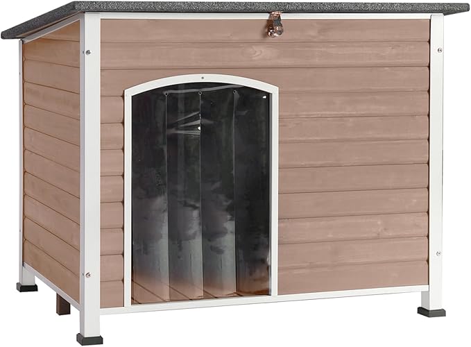 Dog House Outdoor & Indoor Wooden Dog Kennel for Winter with Raised Feet Weatherproof for Small & Medium & Large Dogs,Unique All-Around Iron Frame，Light Brown-PurrikoPets