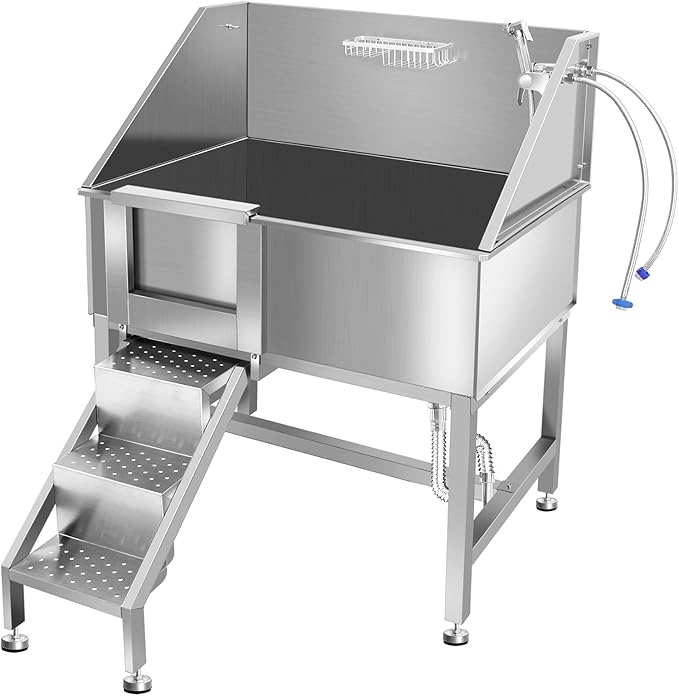 38" Pet Dog Bathing Station W/Ramp, Professional Stainless Steel Dog Grooming Tub W/Floor Grate, Faucet, Dog Bathtub for Large,Medium, Small Pets, Washing Sink for Home,L-RAMP-PurrikoPets