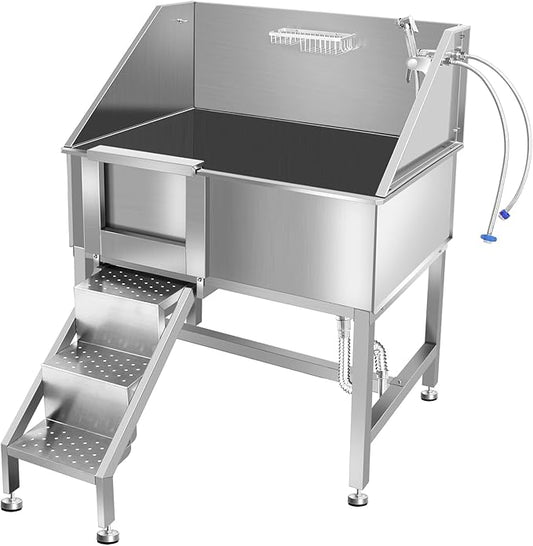 38" Pet Dog Bathing Station W/Ramp, Professional Stainless Steel Dog Grooming Tub W/Floor Grate, Faucet, Dog Bathtub for Large,Medium, Small Pets, Washing Sink for Home,L-RAMP-PurrikoPets