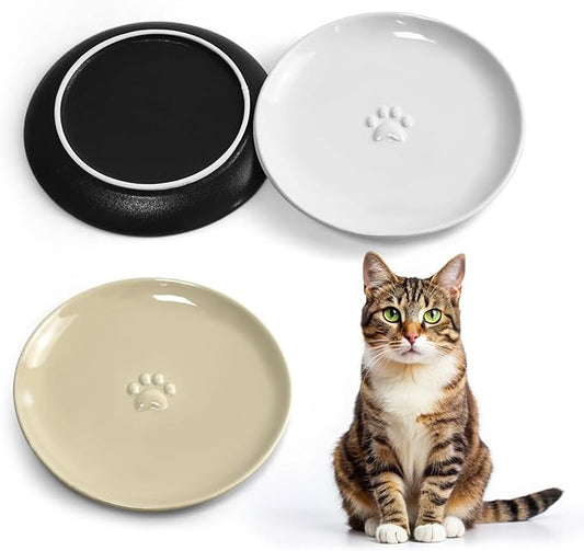 3PCS Cat Food Bowl,Ceramic Cat Dish for Indoor Cats,Wide Shallow Cat Bowls for Dry and Wet Food,Anti Whisker Fatigue Cat Plates for Kitten Cats or Dogs-PurrikoPets